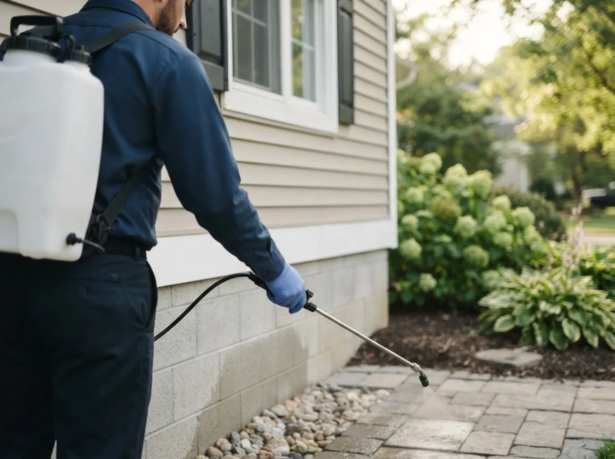 Pest control technician inspecting a home in Dorset, OH